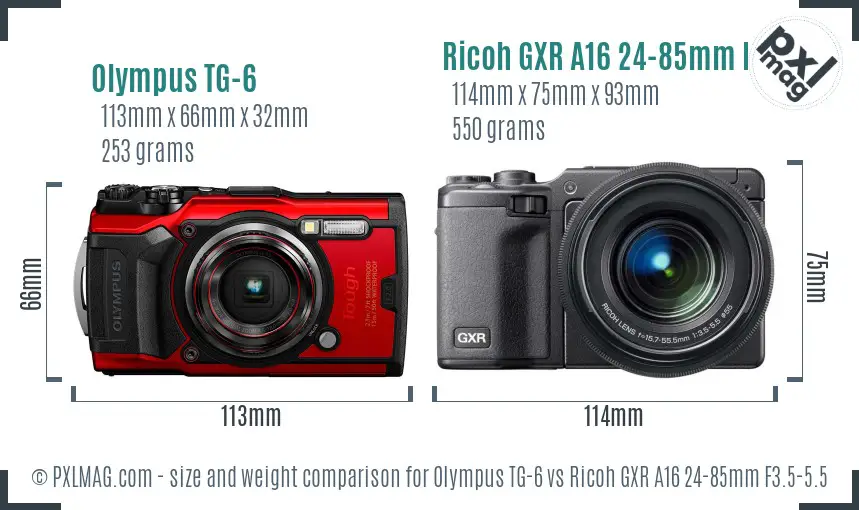 Olympus TG-6 vs Ricoh GXR A16 24-85mm F3.5-5.5 size comparison