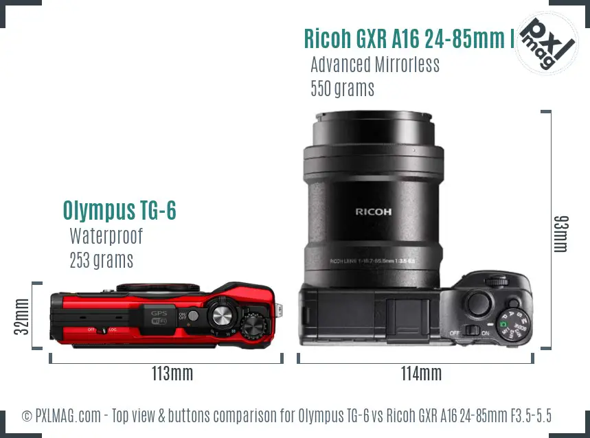 Olympus TG-6 vs Ricoh GXR A16 24-85mm F3.5-5.5 top view buttons comparison