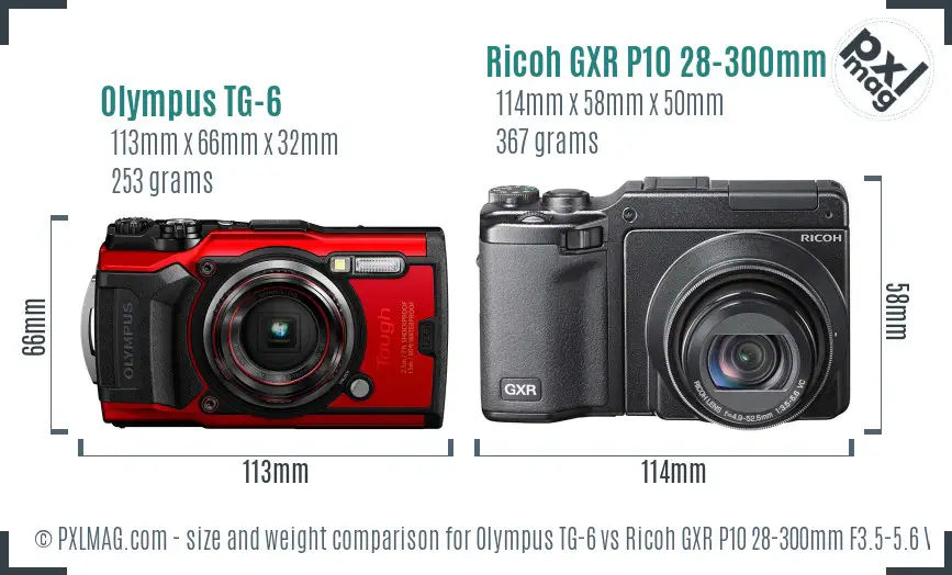 Olympus TG-6 vs Ricoh GXR P10 28-300mm F3.5-5.6 VC size comparison