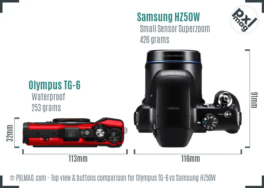 Olympus TG-6 vs Samsung HZ50W top view buttons comparison