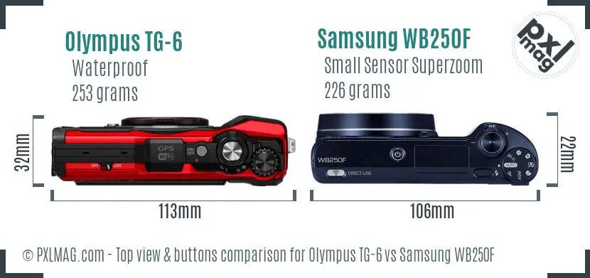Olympus TG-6 vs Samsung WB250F top view buttons comparison Olympus TG-6 vs Samsung WB250F top view buttons comparison