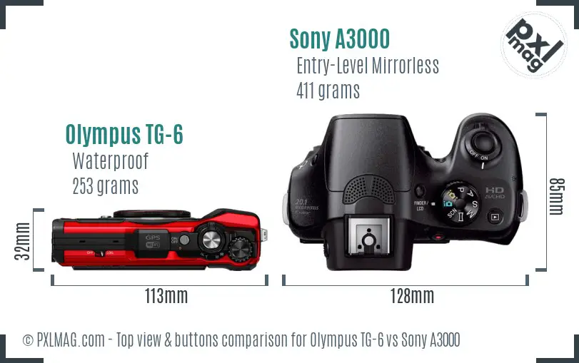 Olympus TG-6 vs Sony A3000 top view buttons comparison