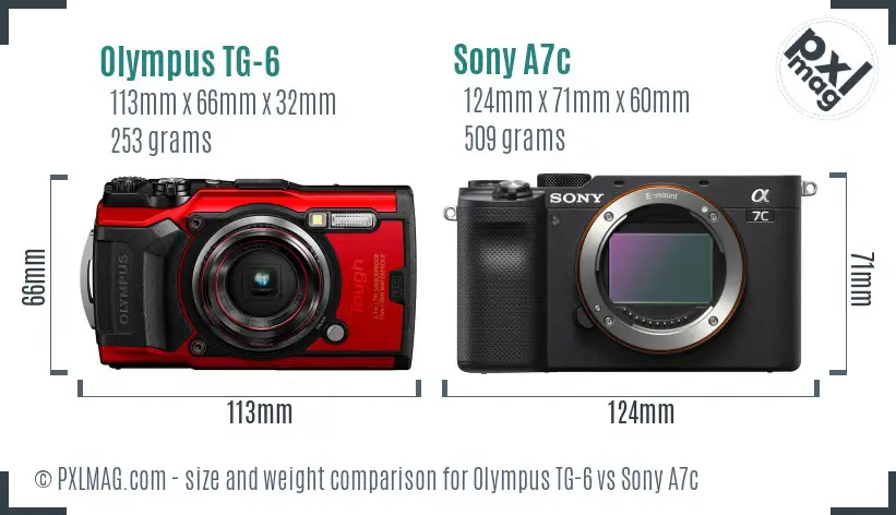 Olympus TG-6 vs Sony A7c size comparison
