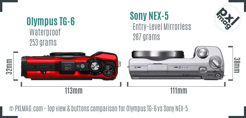 Olympus TG-6 vs Sony NEX-5 top view buttons comparison