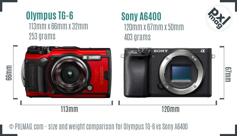 Olympus TG-6 vs Sony A6400 size comparison