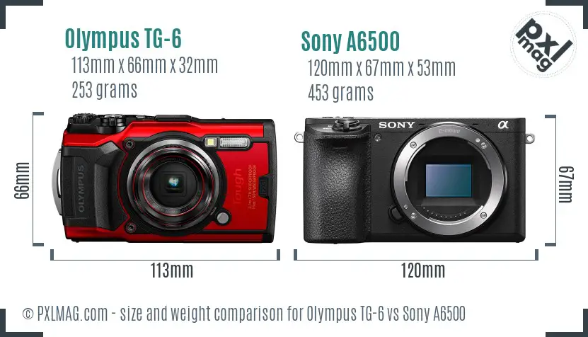 Olympus TG-6 vs Sony A6500 size comparison