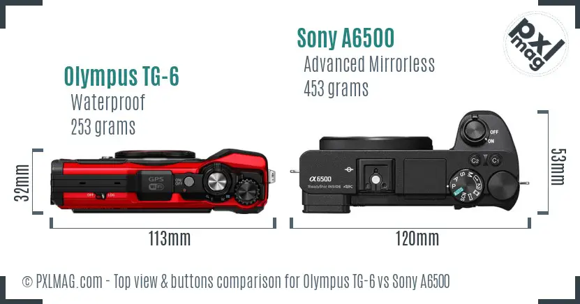 Olympus TG-6 vs Sony A6500 top view buttons comparison