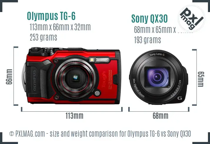 Olympus TG-6 vs Sony QX30 size comparison