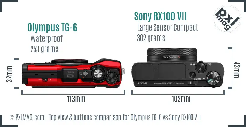 Olympus TG-6 vs Sony RX100 VII top view buttons comparison