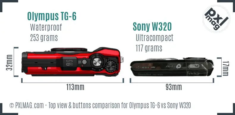 Olympus TG-6 vs Sony W320 top view buttons comparison Olympus TG-6 vs Sony W320 top view buttons comparison