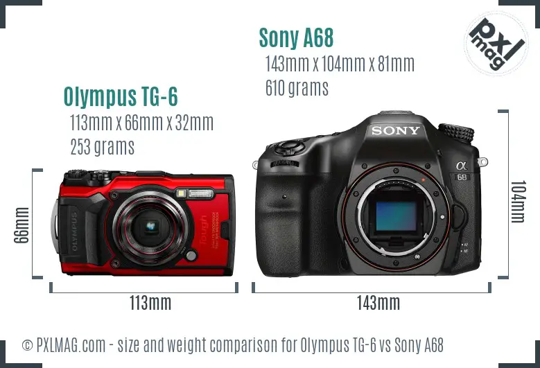 Olympus TG-6 vs Sony A68 size comparison