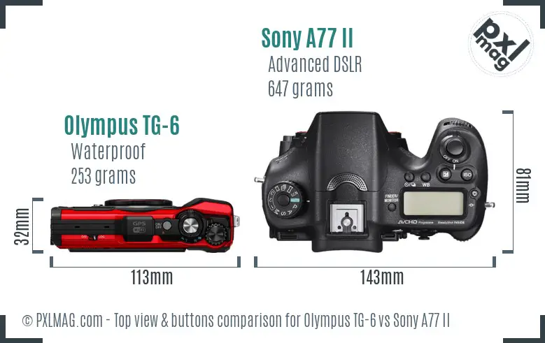 Olympus TG-6 vs Sony A77 II top view buttons comparison