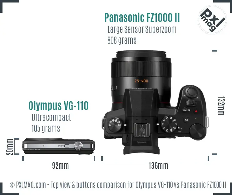 Olympus VG-110 vs Panasonic FZ1000 II top view buttons comparison