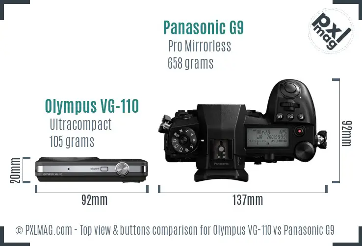Olympus VG-110 vs Panasonic G9 top view buttons comparison