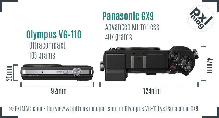 Olympus VG-110 vs Panasonic GX9 top view buttons comparison