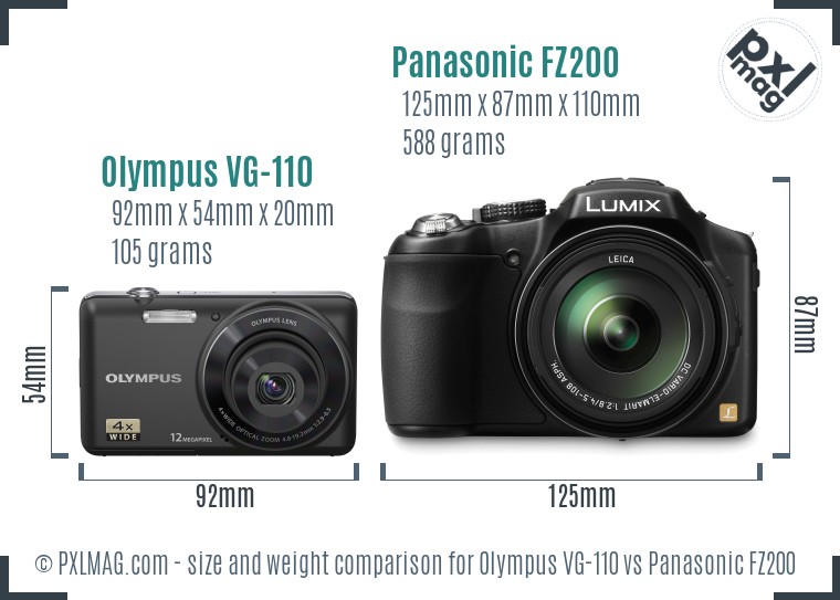 Olympus VG-110 vs Panasonic FZ200 size comparison Olympus VG-110 vs Panasonic FZ200 size comparison