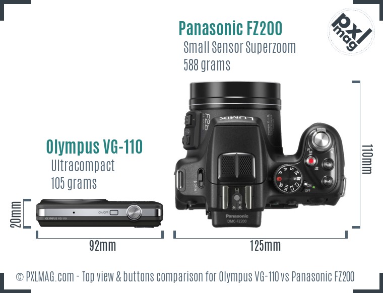 Olympus VG-110 vs Panasonic FZ200 top view buttons comparison