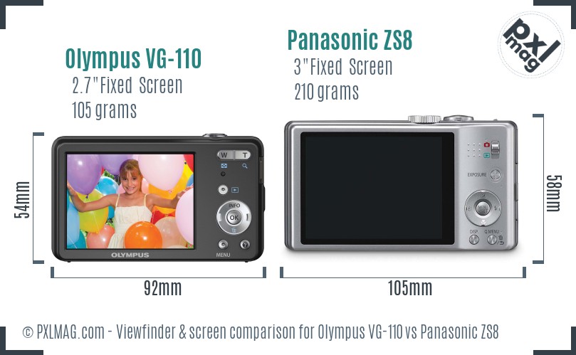 Olympus VG-110 vs Panasonic ZS8 Screen and Viewfinder comparison