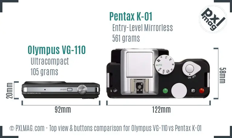 Olympus VG-110 vs Pentax K-01 top view buttons comparison