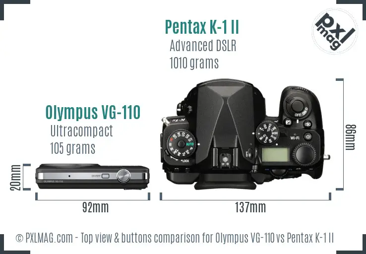Olympus VG-110 vs Pentax K-1 II top view buttons comparison