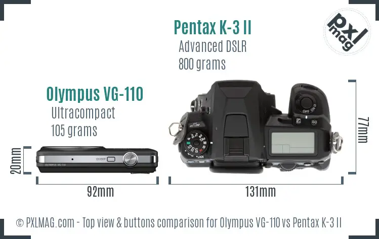 Olympus VG-110 vs Pentax K-3 II top view buttons comparison