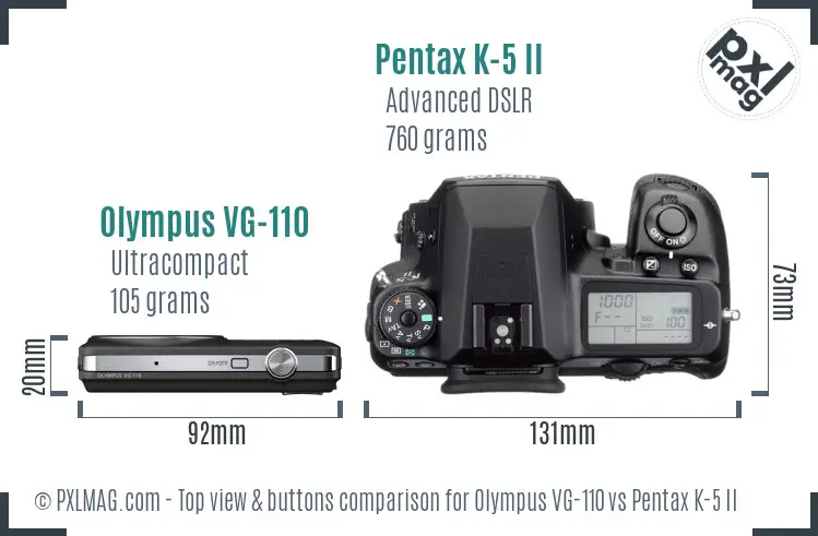 Olympus VG-110 vs Pentax K-5 II top view buttons comparison