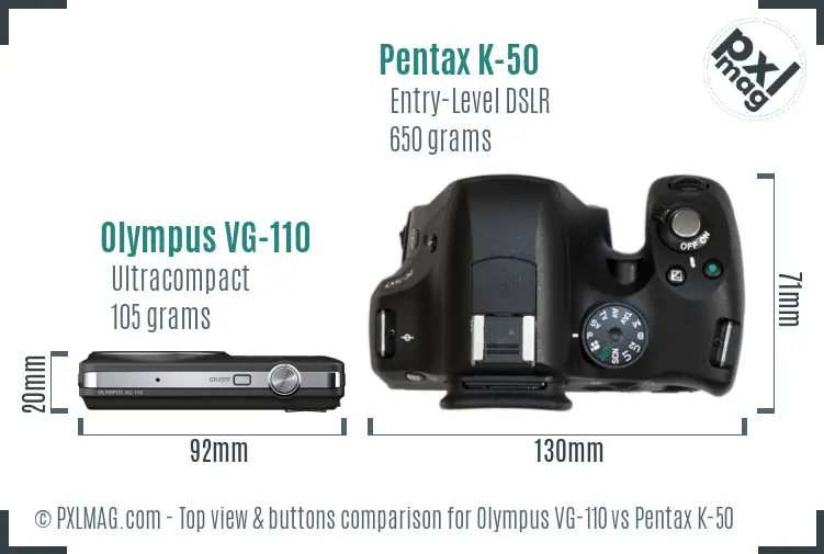 Olympus VG-110 vs Pentax K-50 top view buttons comparison