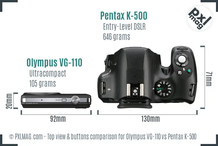 Olympus VG-110 vs Pentax K-500 top view buttons comparison