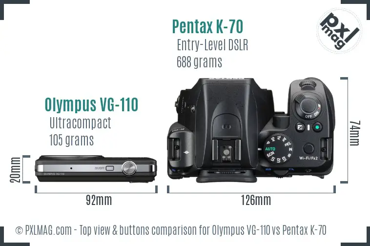 Olympus VG-110 vs Pentax K-70 top view buttons comparison