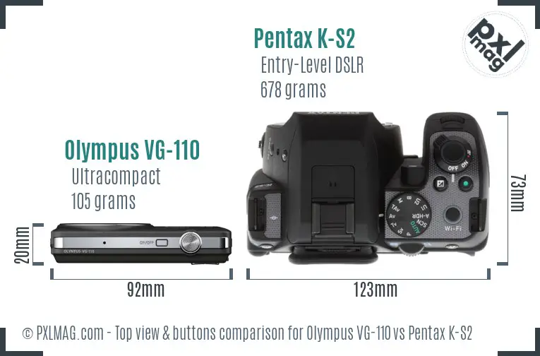 Olympus VG-110 vs Pentax K-S2 top view buttons comparison