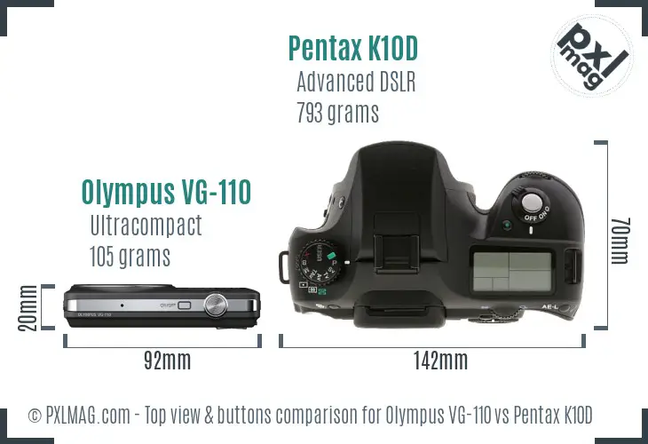 Olympus VG-110 vs Pentax K10D top view buttons comparison