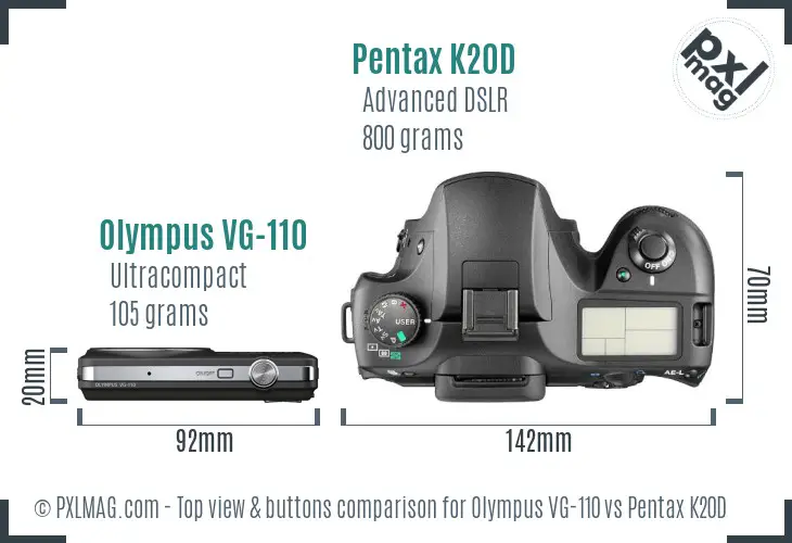 Olympus VG-110 vs Pentax K20D top view buttons comparison Olympus VG-110 vs Pentax K20D top view buttons comparison