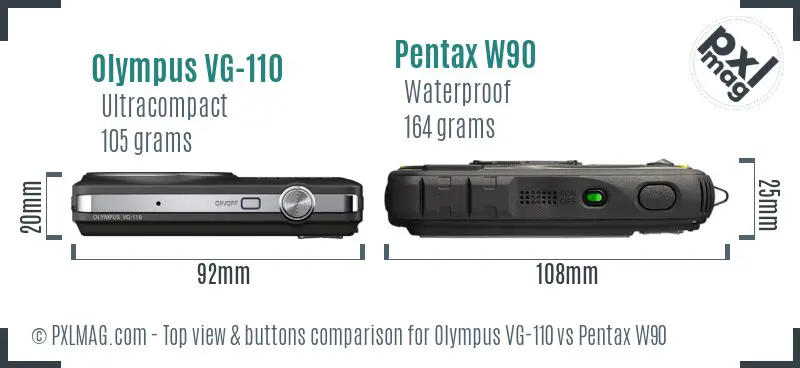 Olympus VG-110 vs Pentax W90 top view buttons comparison