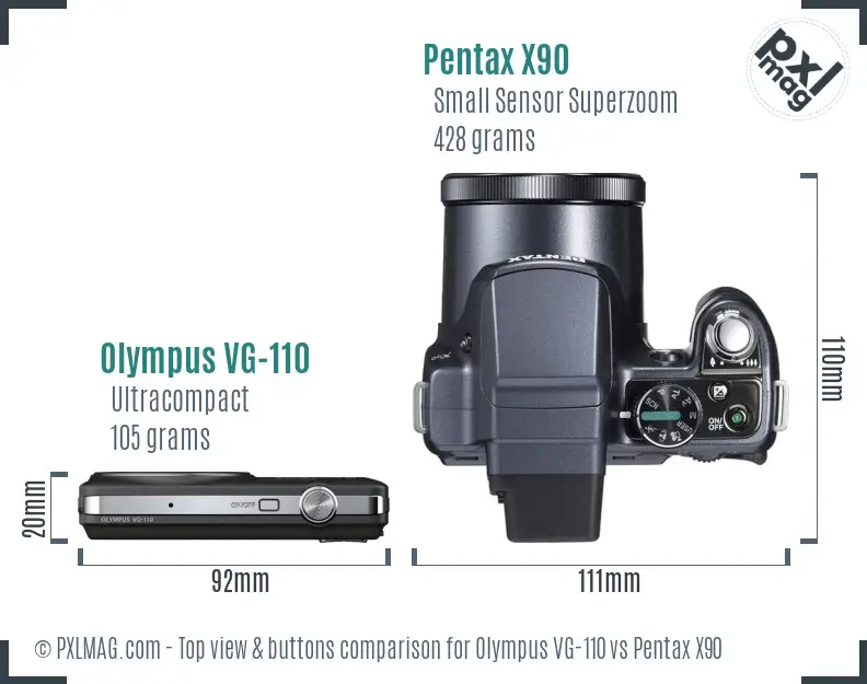 Olympus VG-110 vs Pentax X90 top view buttons comparison Olympus VG-110 vs Pentax X90 top view buttons comparison