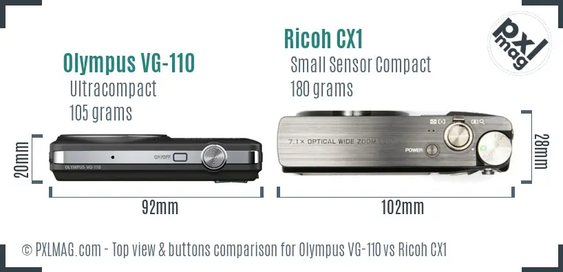 Olympus VG-110 vs Ricoh CX1 top view buttons comparison