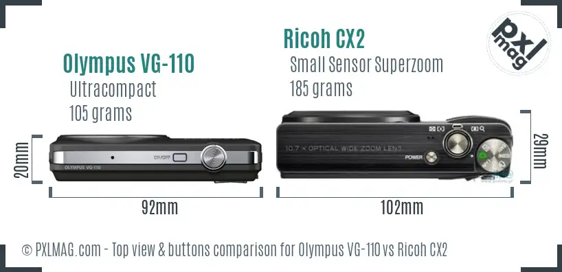 Olympus VG-110 vs Ricoh CX2 top view buttons comparison