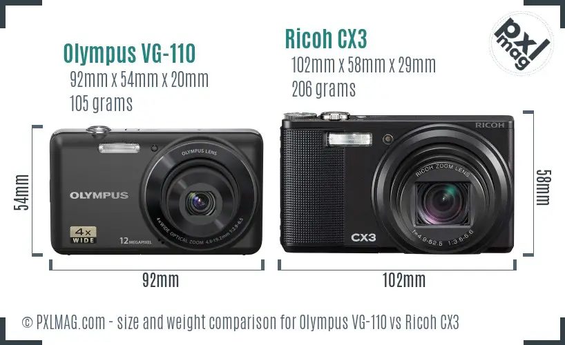 Olympus VG-110 vs Ricoh CX3 size comparison