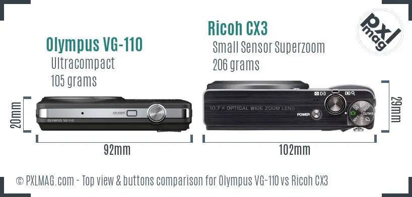 Olympus VG-110 vs Ricoh CX3 top view buttons comparison