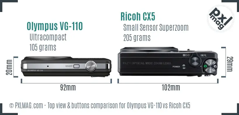 Olympus VG-110 vs Ricoh CX5 top view buttons comparison Olympus VG-110 vs Ricoh CX5 top view buttons comparison
