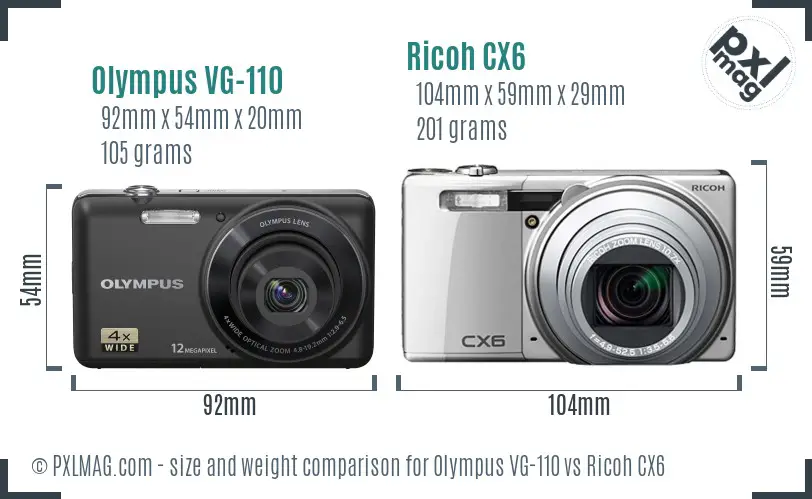 Olympus VG-110 vs Ricoh CX6 size comparison