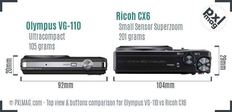 Olympus VG-110 vs Ricoh CX6 top view buttons comparison