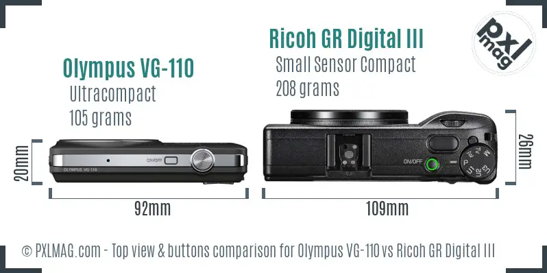 Olympus VG-110 vs Ricoh GR Digital III top view buttons comparison