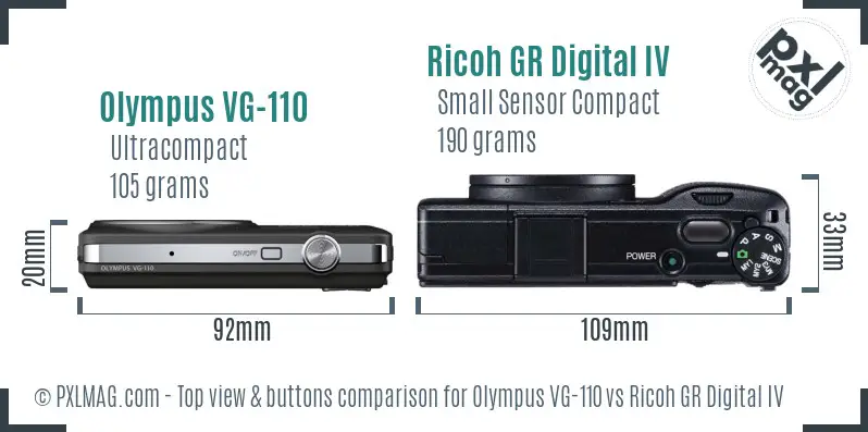 Olympus VG-110 vs Ricoh GR Digital IV top view buttons comparison