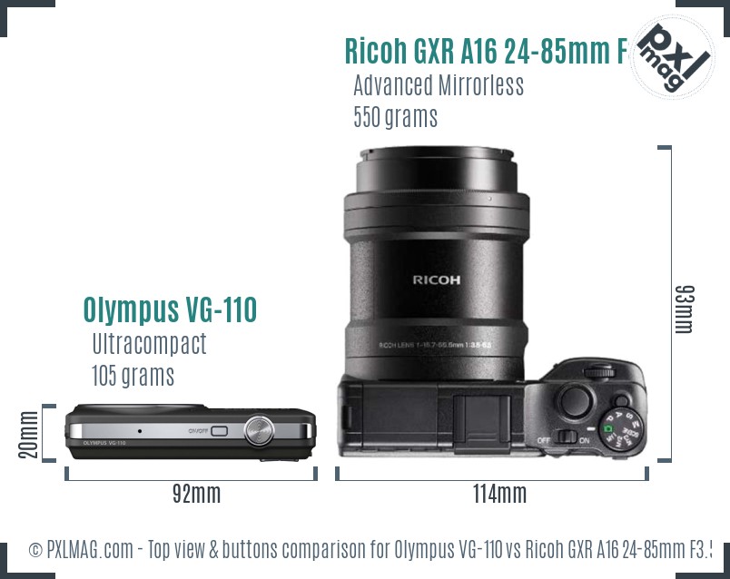 Olympus VG-110 vs Ricoh GXR A16 24-85mm F3.5-5.5 top view buttons comparison