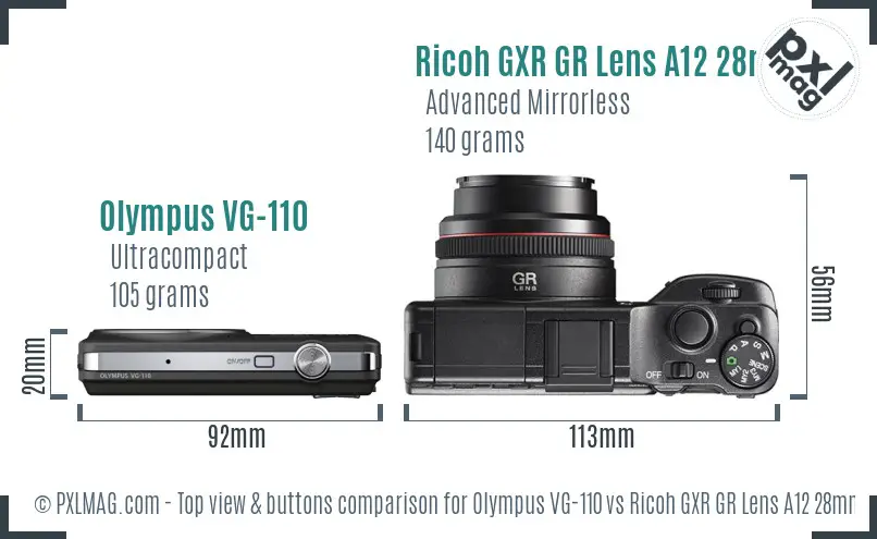 Olympus VG-110 vs Ricoh GXR GR Lens A12 28mm F2.5 top view buttons comparison
