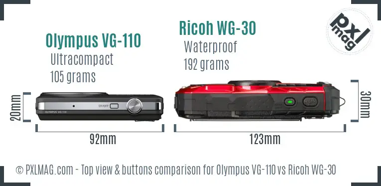 Olympus VG-110 vs Ricoh WG-30 top view buttons comparison