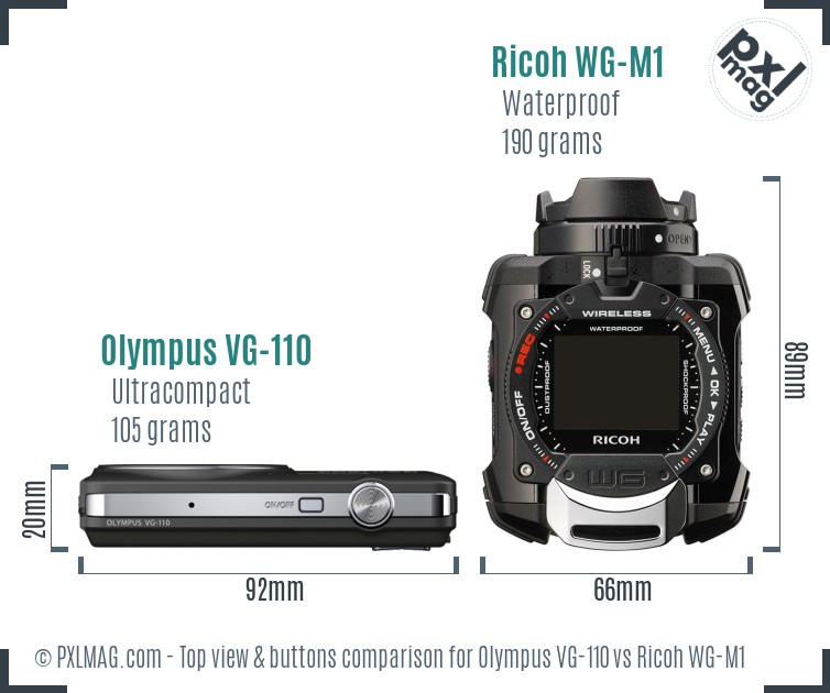 Olympus VG-110 vs Ricoh WG-M1 top view buttons comparison