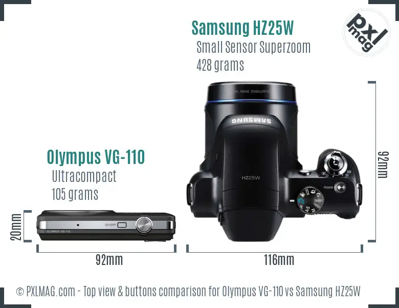 Olympus VG-110 vs Samsung HZ25W top view buttons comparison Olympus VG-110 vs Samsung HZ25W top view buttons comparison