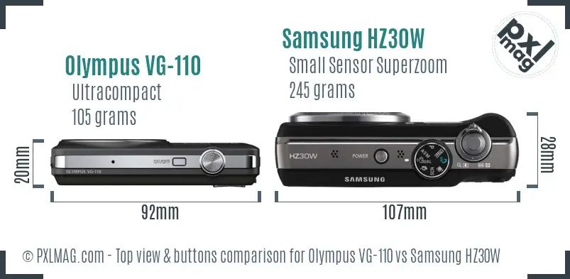 Olympus VG-110 vs Samsung HZ30W top view buttons comparison