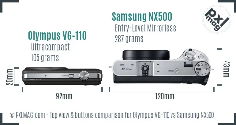 Olympus VG-110 vs Samsung NX500 top view buttons comparison